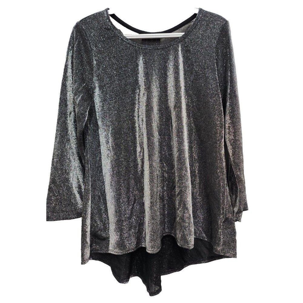 Nally & Millie Tunic Top Womens Small Black Metallic Wearable Art 3/4 Sleeve